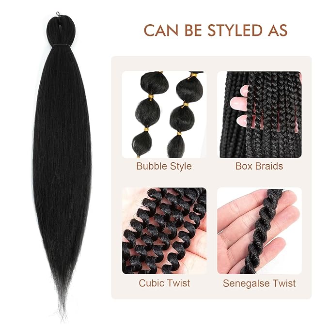Pre-stretched Braiding Hair - 20 Inch 8 Packs Jet Black Braiding Hair For Twist or Box Braids, Yaki Texture Hot Water Setting Synthetic Braiding Hair Extensions (20 Inch, #1-8P)