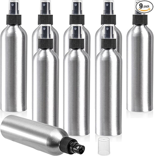 Youeon 9 Pack 8 Oz Aluminum Fine Mist Spray Bottles, Refillable & Leak-Proof Metal Empty Spray Bottle Set for Travel, Perfume, Toner, Essential Oils & Hair-Body Care