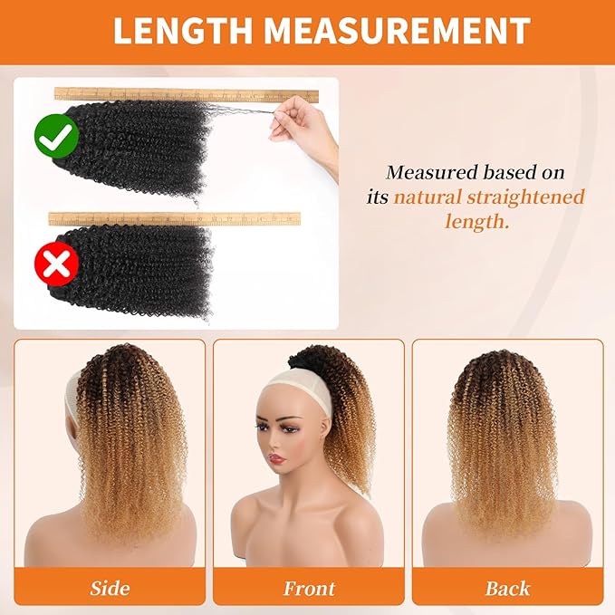 Afro Kinky Curly Ponytail Human Hair 150% Density Brazilian Virgin Hair 4C Afro Puff Drawstring Ponytail Extension for Black Women Dark Brown mix Honey Blone Color（12 Inch 1B4#27）