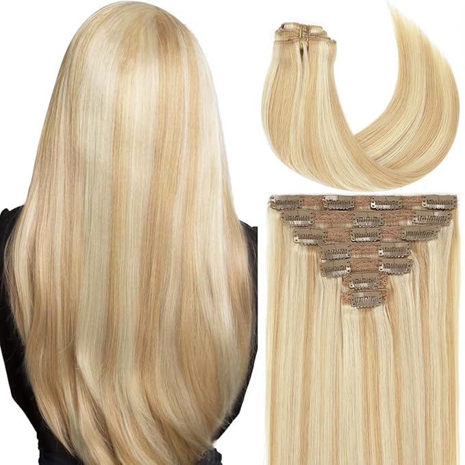 Caliee 22Inch Real Hair Extensions - Clip in Human Hair, Natural Silky Straight, Balayage, Light Golden Brown Mixed Highlight, Platinume 140G 7PCS
