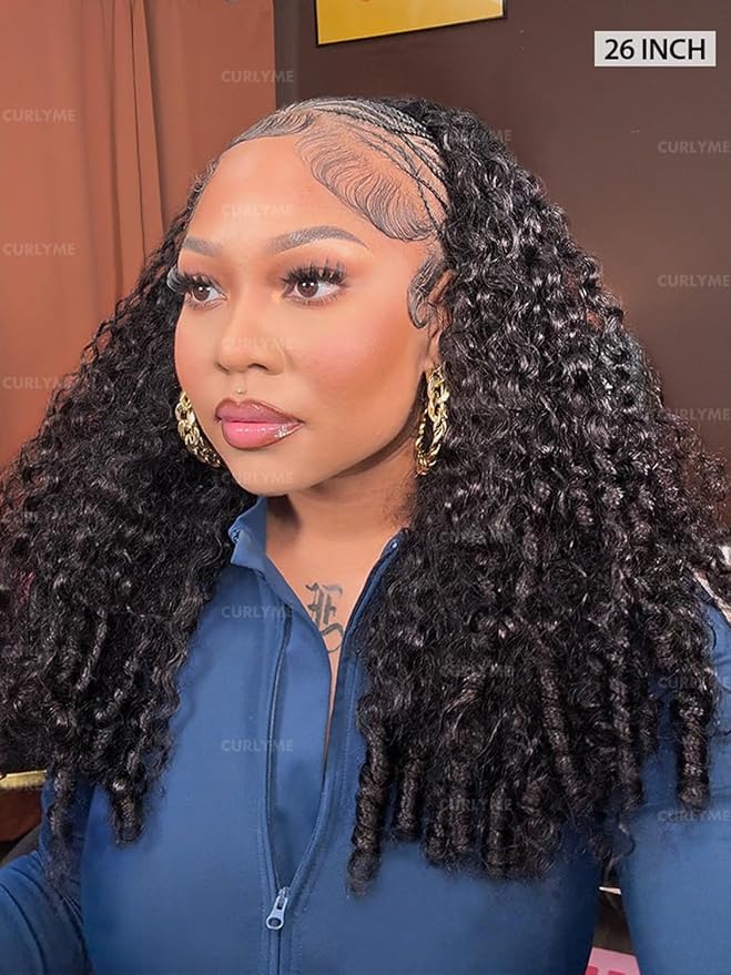 Curlyme Burmese Curly Half Wig Human Hair Flip Over Half Wigs Drawstring Band Wear Go Glueless Wig Invisible Hairline Burmese Curly Wig Human Hair Headband Wig for Women 18 Inch