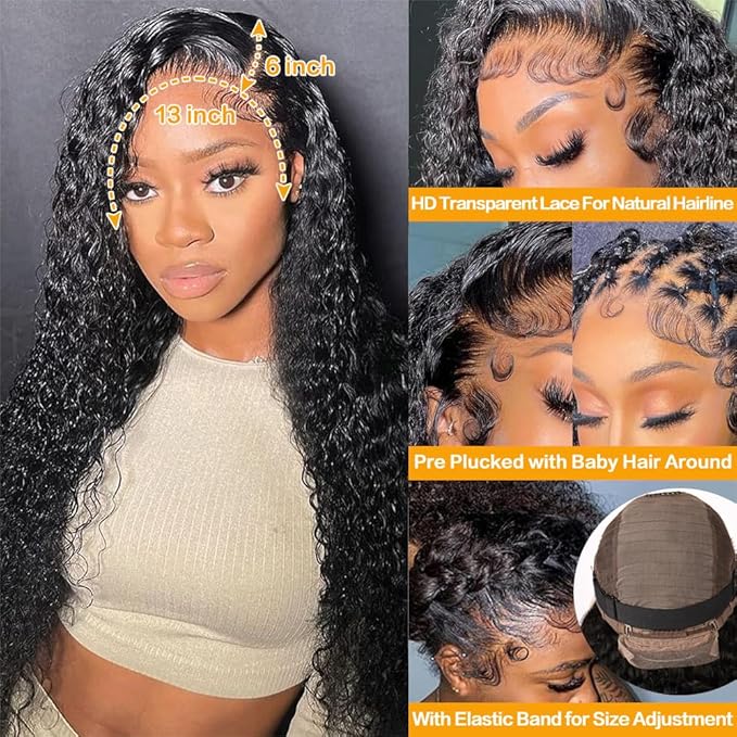 28 Inch Deep Wave Lace Front Wigs Human Hair 13x6 HD Transparent Lace Front Wigs Human Hair 200% Density Deep Curly Glueless Wigs Pre Plucked with Baby Hair for Women
