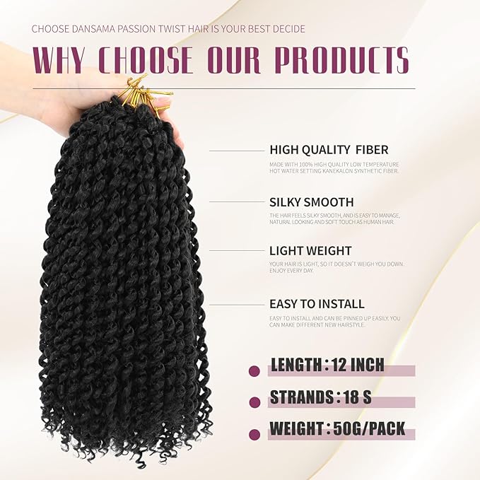 Dansama Passion Twist Hair Water Wave Braiding Hair for Butterfly Style Crochet Braids Bohemian Hair Extensions (12inch (Pack of 7), #1B)