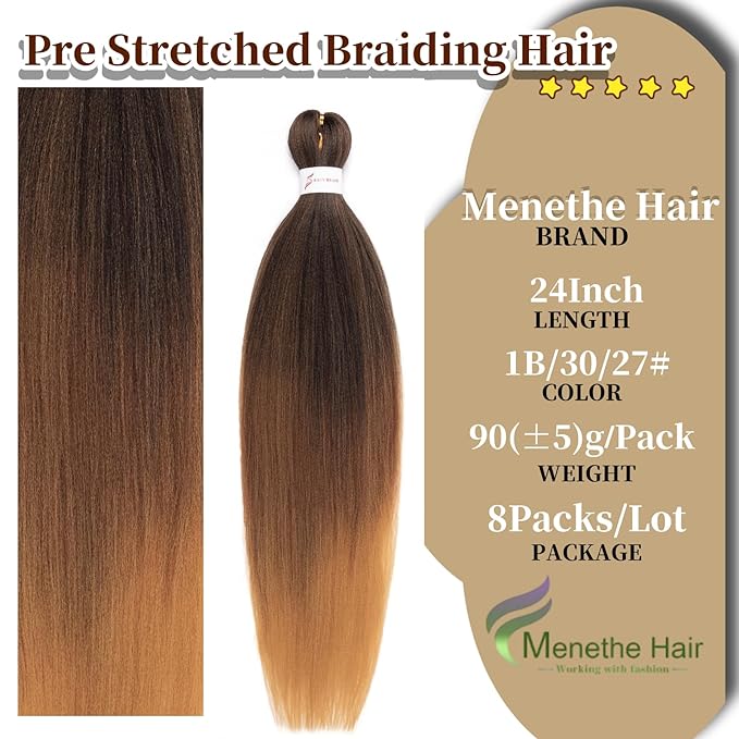 Ombre Braiding Hair 24 Inch Pre Stretched Braiding Hair Extensions 8 Packs Hot Water Setting 100% Kanekalon Synthetic Crochet Hair Braids(24Inch,T1B/30/27#).