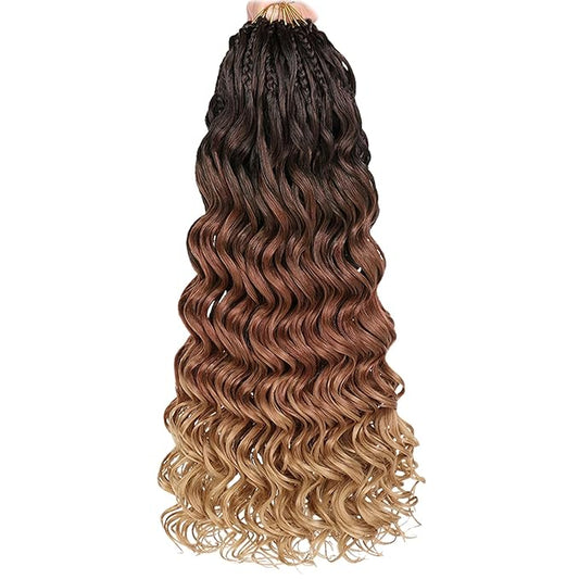 Leeven 18 Inch Pre Looped Ocean Wave Crochet Hair 8 Packs Long Curly Crochet Braids Ombre Brown to Blonde Boho Ocean Braids Pre Twisted Synthetic Deep Wavy Crochet Hair for Women