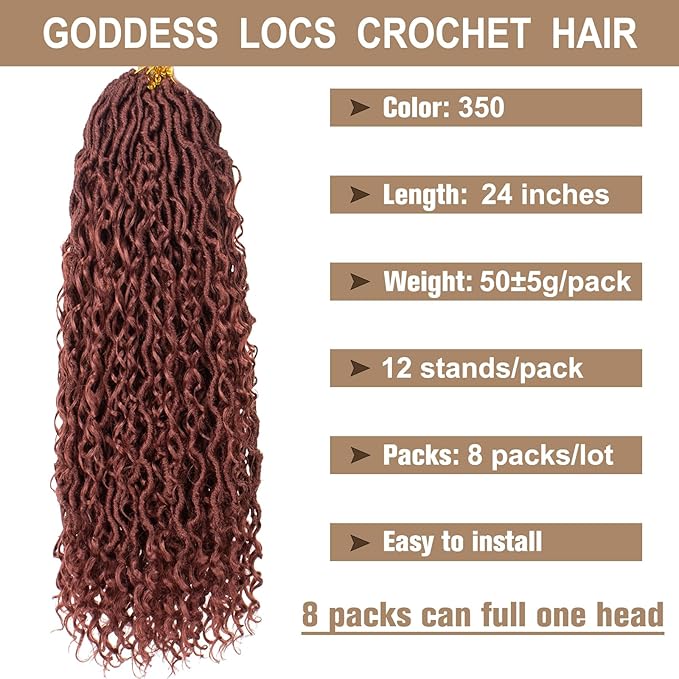 COOKOO 24 Inch Ginger Boho Goddess Locs Crochet Hair for Women - 8 Packs Bohemian Locs Hair Extensions with Curly Ends - Synthetic