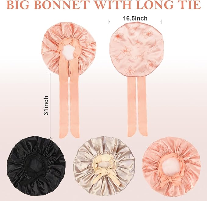 3Pcs Bonnets for Sleeping, Extra Satin Silk Bonnet for Sleeping Women with Tie Band for Curly Hair Jumbo Bonnet Braids