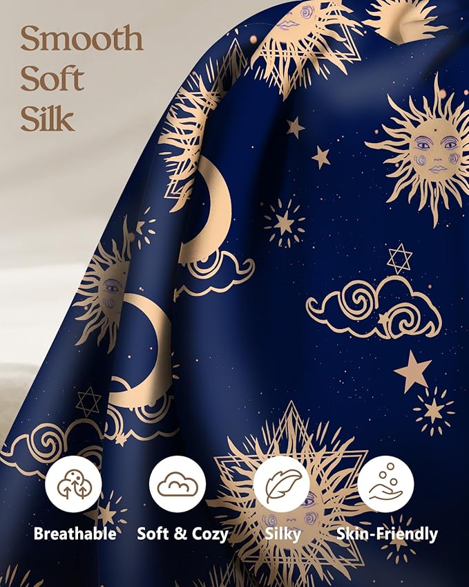 Silk Pillowcase 2 Pack - Cute Pillow Cases 20" x 26" Standard Size Set of 2 for Hair and Skin Smooth Soft Breathable with Hidden Zipper Cooling Pillow Covers for Sleeping, Sun Moon Sign