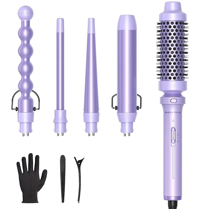 Wavytalk 5 in 1 Curling Iron,Curling Wand Set with Curling Brush and 4 Interchangeable Ceramic Curling Wand(0.5”-1.25”),Instant Heat Up,Include Heat Protective Glove & 2 Clips (Purple)