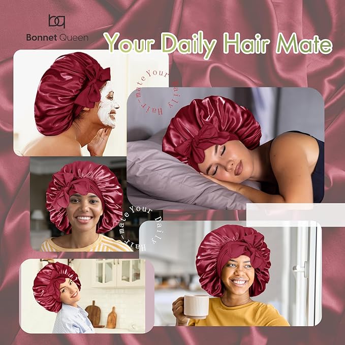 BONNET QUEEN Silk Bonnet for Sleeping Women Big Satin Bonnet Night Sleep Cap Wrap for Curly Hair with Adjustable Tie Band, Single Layer, Large, Burgundy