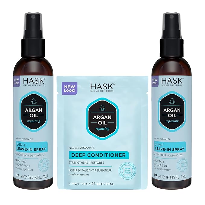 HASK Argan Oil 5-in-1 Leave-In Conditioner Duo (6oz-Qty 2) & Argan Oil Repairing Deep Conditioner Packette, Color Safe, Sulfate-Free, Paraben-Free, Gluten-Free, for All Hair Types