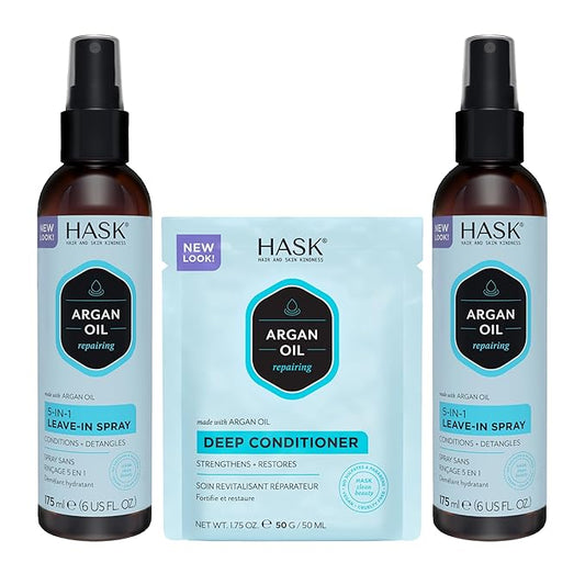 HASK Argan Oil 5-in-1 Leave-In Conditioner Duo (6oz-Qty 2) & Argan Oil Repairing Deep Conditioner Packette, Color Safe, Sulfate-Free, Paraben-Free, Gluten-Free, for All Hair Types