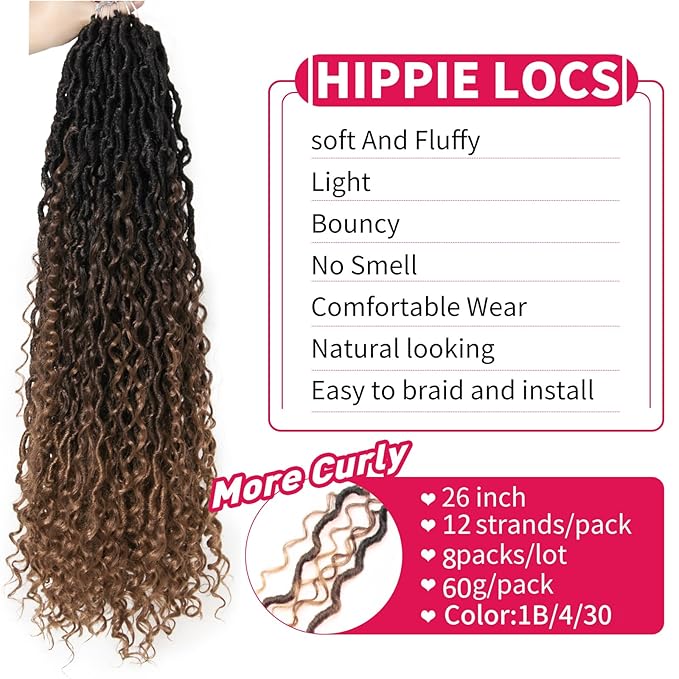 Goddess Locs Crochet Hair 26Inch 8Packs Boho Faux Locs,Crochet Locs With Curly Ends River Hippie Locs Bohemian Locs Crochet Hair(1B/4/30, 26inch(Pack of 8))