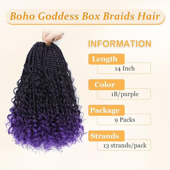 9 Packs Goddess Box Braids Crochet Hair Boho Crochet Box Braids With Curly Ends Crochet Hair For Black Women, 14 Inch Pre Looped Bohemian Crochet Box Braids Hair (14Inch 9 Packs,Tpurple)