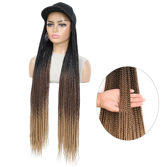 Hat Wig for Women Baseball Cap with Braided Hair Attached 30inch long Synthetic Ombre Box Braid Wig Hat Adjustable Cap with black brown light brown Braids for Daily Outdoor Use