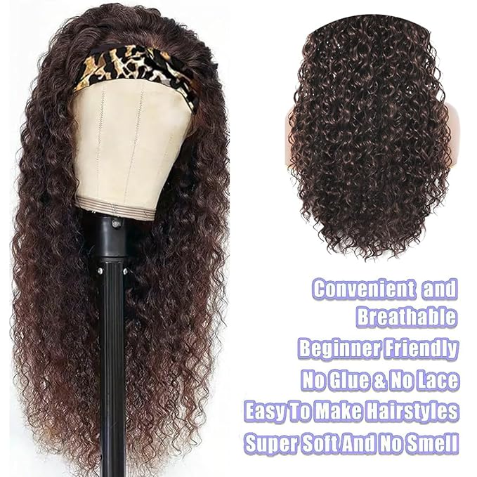 #4 Brown Headband Wig Human Hair 180% Density 100% Unprocessed Brazilian Virgin Hairs Machine Made Chocolate Brown Water Wave Headband Wig Human Hair For Woman 18 Inch