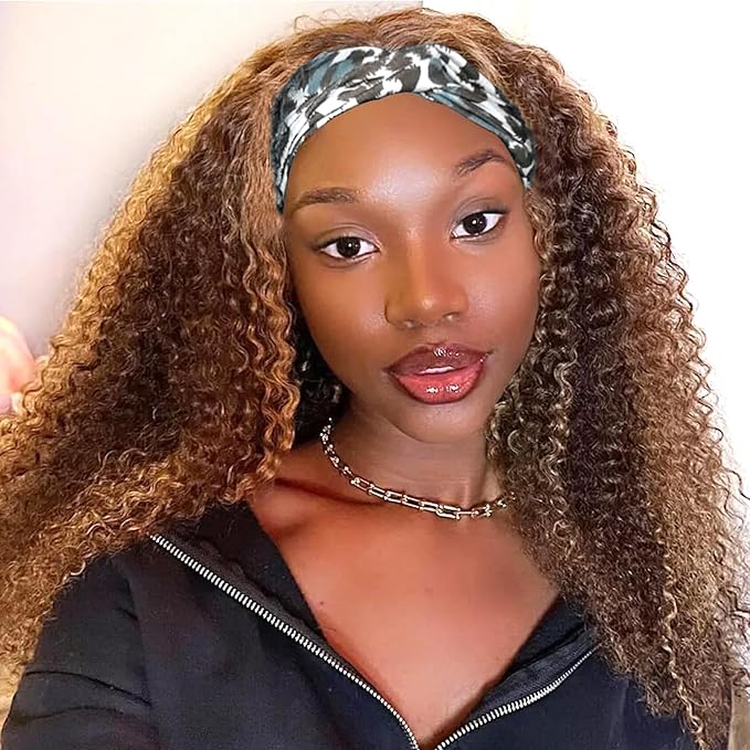 Highlight Ombre Kinky Curly Headband Wigs Curly Headband Wig Human Hair for Black Women 150% Density Headband Wig Human Hair 4/27 Glueless None Lace Front Wigs Headband Half Wigs Natural Color 20 Inch