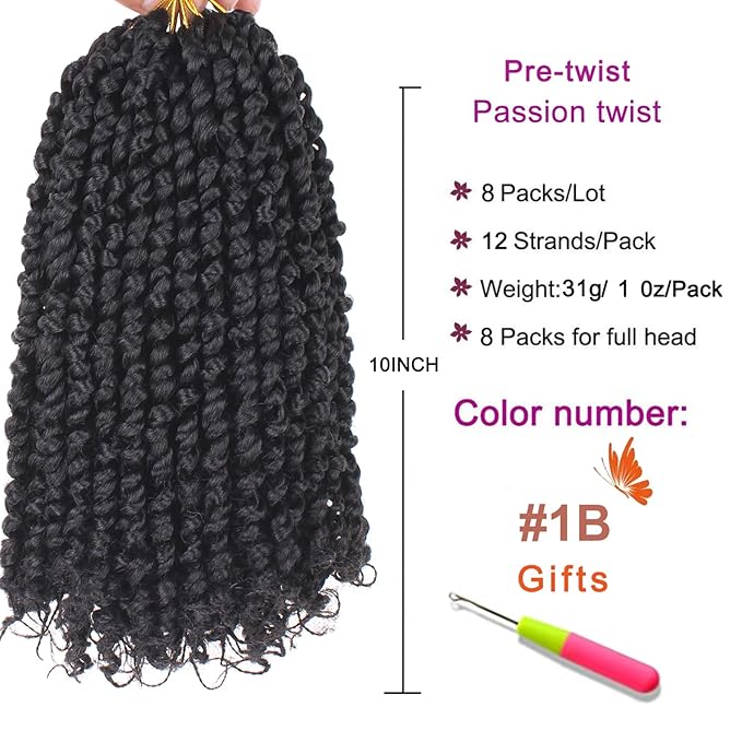 ZRQ Short 8 Packs Pre-twisted Bob Passion Twist Crochet Hair with Curly Ends 10 Inch Pre looped Black Passion Twists Hair 12 Roots/Pack Synthetic Bohemian Crochet Braids Hair for Black Women 1B#