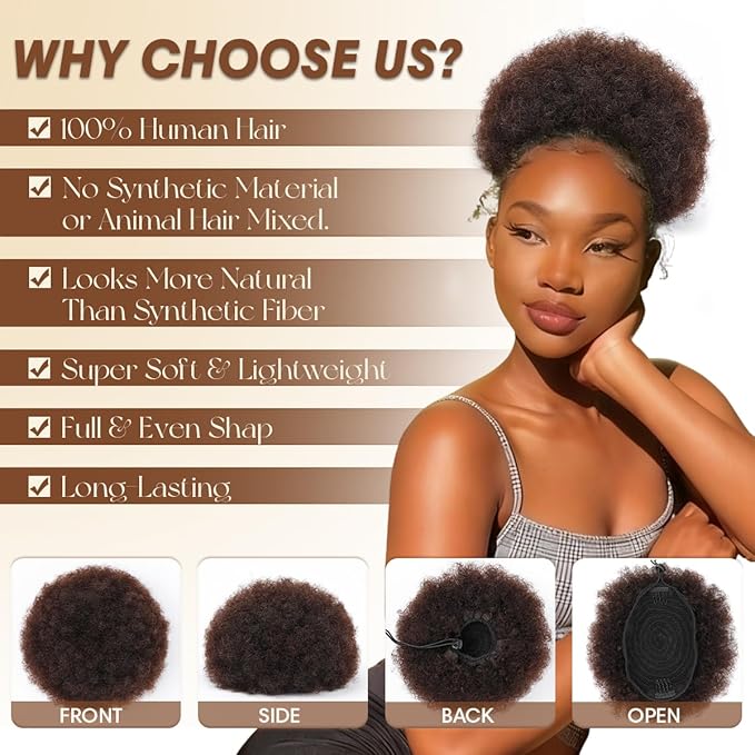 Afro Puff Drawstring Ponytail Extension 100% Human Hair #02 Dark Brown 6 Inch Small Kinky Curly Durable Natural Soft and Smooth Human Hair Clip In Hair Extensions for Black Women