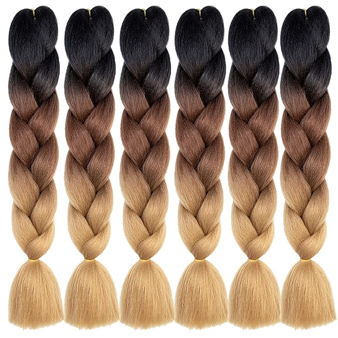 Xiaofeng Braiding Hair Extensions for Women 6 Packs 100g/Pack 24Inch High Temperature Ombre Jumbo Synthetic Braiding Hair for Twist Crochet Braids (24 Inch, black-deep brown-brown)
