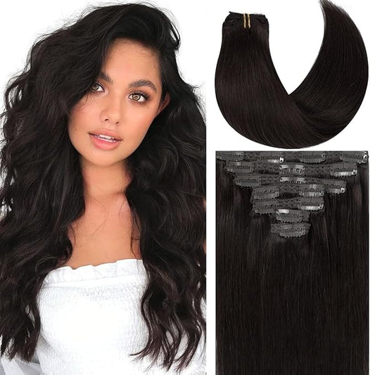Caliee 14 Inch Clip in Hair Extensions Real Human Hair Dark Brown #2 Color Double Weft Clip in Human Hair Extensions Lace Straight Invisible 120 G 7 Pcs for Full Head