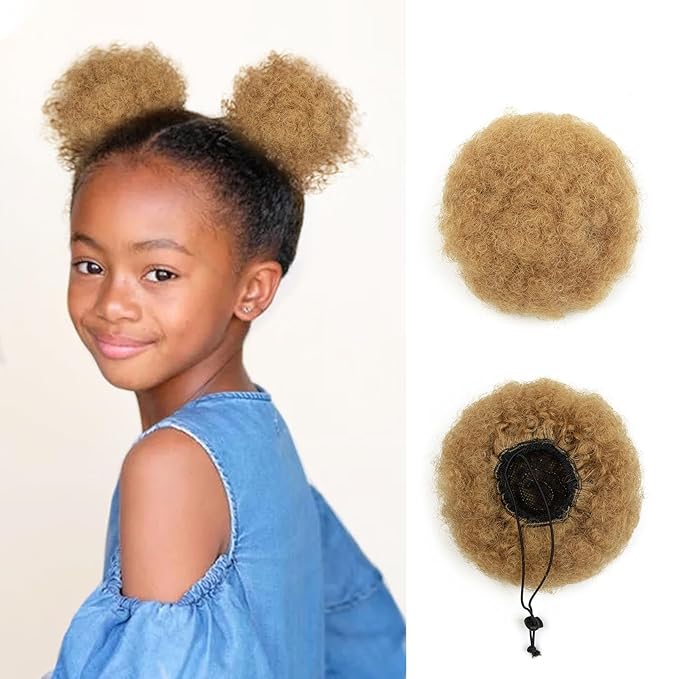 Kids Afro Puff Small 4 Inch Real Human Hair Ponytail for Baby Black Women Short Kinky Curly Ponytail Extension Drawstring Ponytail Fake Bun 4c Children African American Cheer Puffs Light Blonde 30g