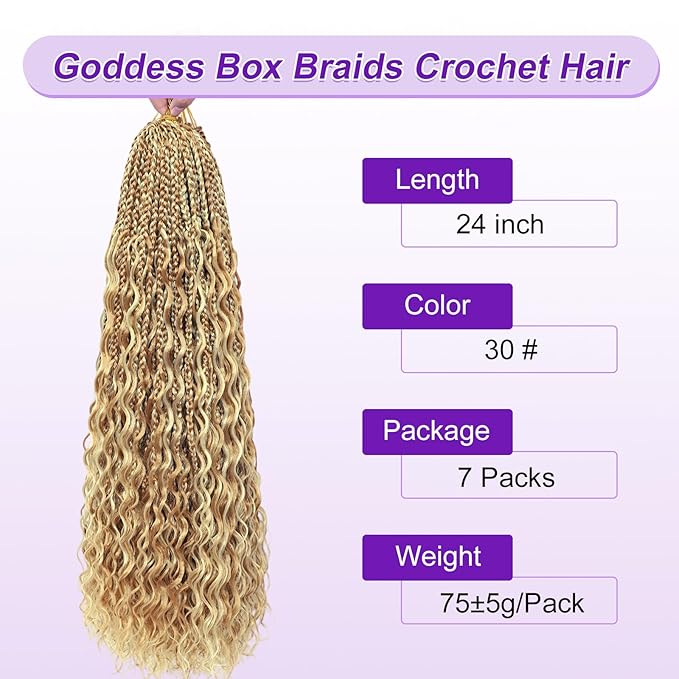 Eacia Goddess Box Braids Crochet Hair 24 Inch 7 Packs Honey Blonde Boho Box Braids Crochet Hair Extensions with Curly Ends for Women(24 Inch, P27/613#)