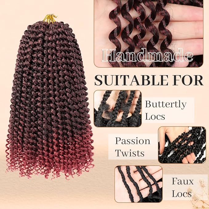 8 packs Passion Twist Crochet Hair 12 Inch Bohemian Curly Braids Water Wave Hair for Passion Twist Braiding Hair Synthetic Fiber Hair Extensions (12 Inch,1B/Bug)