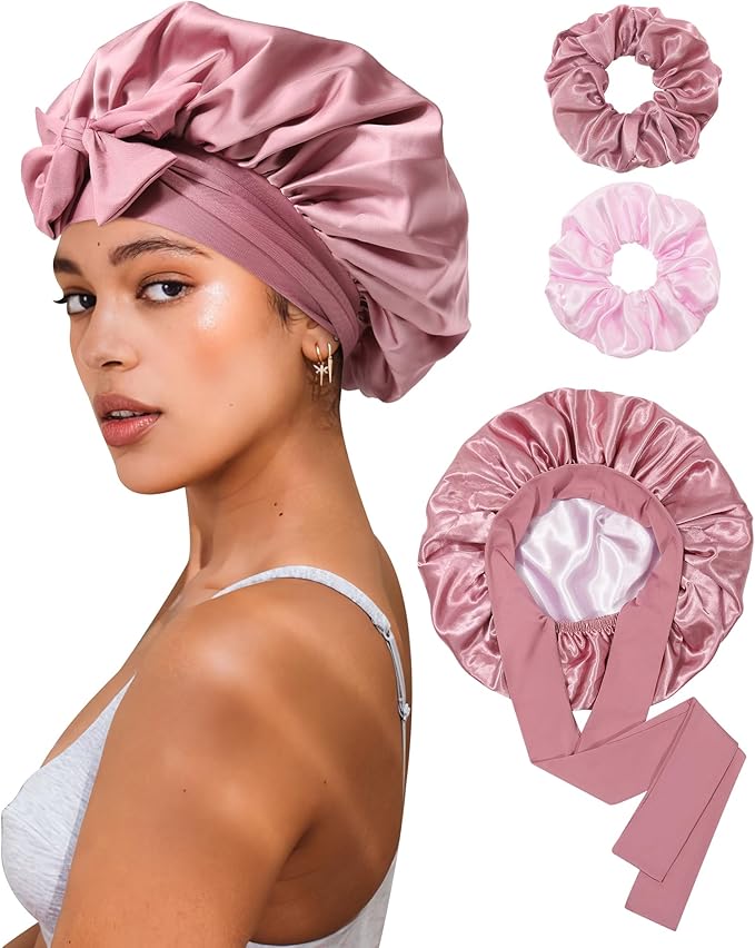 Reversible Satin Bonnet for Sleeping Women Double Layer Hair Bonnet with 2PCS Hair Scrunchies Elastic Tie Band Night Cap