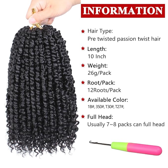 Xtrend 8 Packs Passion Twist Crochet Hair 10 Inch Pre Twisted Natural Black Passion Twist Hair,Pre-looped Crochet Braids Hair For Women Bohemian Synthetic Passion Braiding Hair Extension (8packs, 1B#)