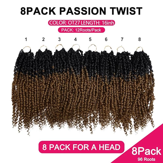 NAYOO Passion Twist Hair - 8 Packs 16 Inch Passion Twist Crochet Hair For Women, Crochet Pretwisted Curly Hair Passion Twists Synthetic Braiding Hair Extensions(16 Inch 8 Packs, OT27)