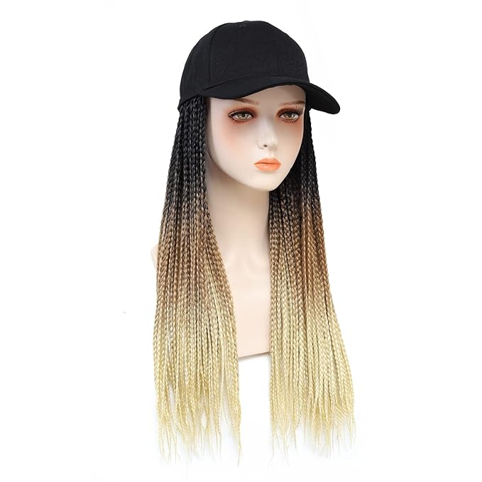 Braided Baseball Cap Wig Box Braid Hair Extensions with Hat Ombre black brown blonde Cap Wig with 18inch Long Synthetic Braiding Hair for Women (18inch 1B/27/613)