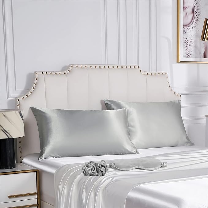 Satin Pillowcase for Hair and Skin, Vegan Silk Pillowcase Set-2 Satin Pillowcases, 1 Eye Mask, 1 Scrunchie-Luxury Sleep Set, Silver Gray Pillow Cases with Envelope Closure Standard Size
