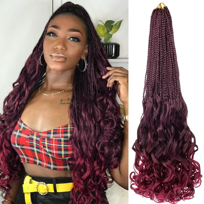 24 Inch 9 Packs French Curl Crochet Braids Ombre Red Bohemian Goddess Box Braids Burgundy Crochet Hair Pre Looped Wavy Bouncy French Curl Braiding Hair for Women