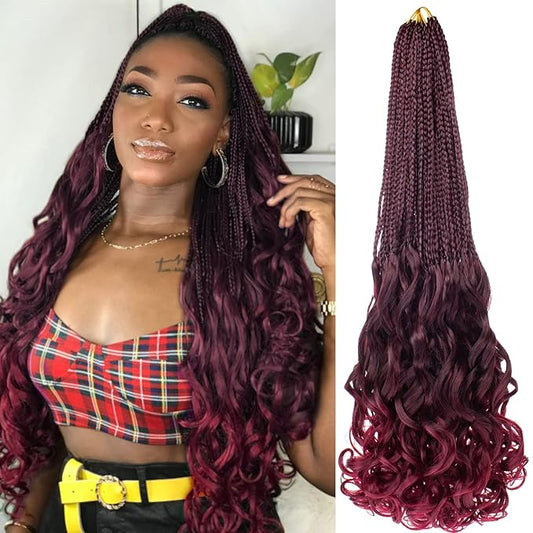 24 Inch 9 Packs French Curl Crochet Braids Ombre Red Bohemian Goddess Box Braids Burgundy Crochet Hair Pre Looped Wavy Bouncy French Curl Braiding Hair for Women
