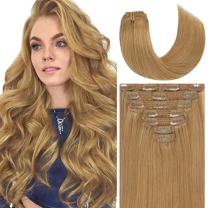 Caliee Real Hair Extensions Clip in Human Hair for Full Head Color 27 Caramel Blonde Seamless Clip in Hair Extensions Double Weft Lace 140G 20Inch