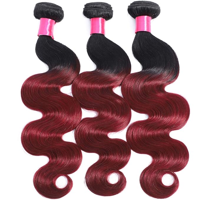 Ombre Human Hair Bundles 1b/99j Brazilian Two Tone Black and Burgund Ombre Body Wave 3 Bundles 10 12 14 inch 100% Unprocessed Virgin Human Hair Bundles Weaves Extensions for Women