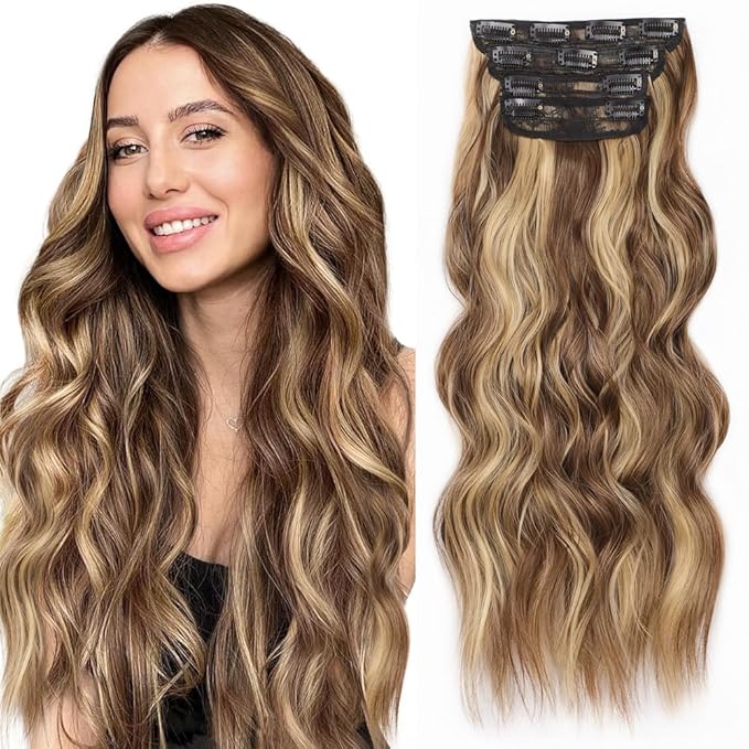 ALXNAN Clip in Long Wavy Hair Extension 20 Inch Chocolate Brown to Honey Blonde Hair Extensions 4PCS Thick Hairpieces Fiber Double Weft Hair for Women