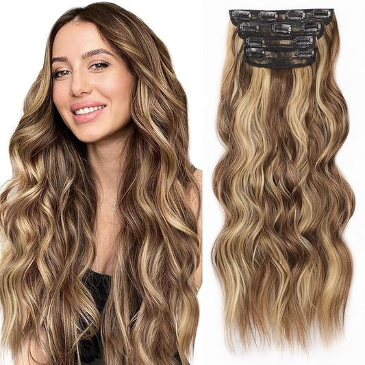 ALXNAN Clip in Long Wavy Hair Extension 20 Inch Chocolate Brown to Honey Blonde Hair Extensions 4PCS Thick Hairpieces Fiber Double Weft Hair for Women