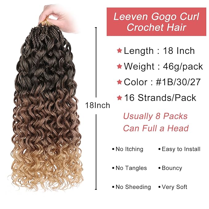 Leeven Gogo Curl Crochet Hair 18 Inch 8 Packs Ombre Brown to Honey Blonde Ocean Wave Crochet Hair Pre Looped Deep Twist Goddess Box Braids Short Curly Water Wave Synthetic Hair for Women Girl Kids