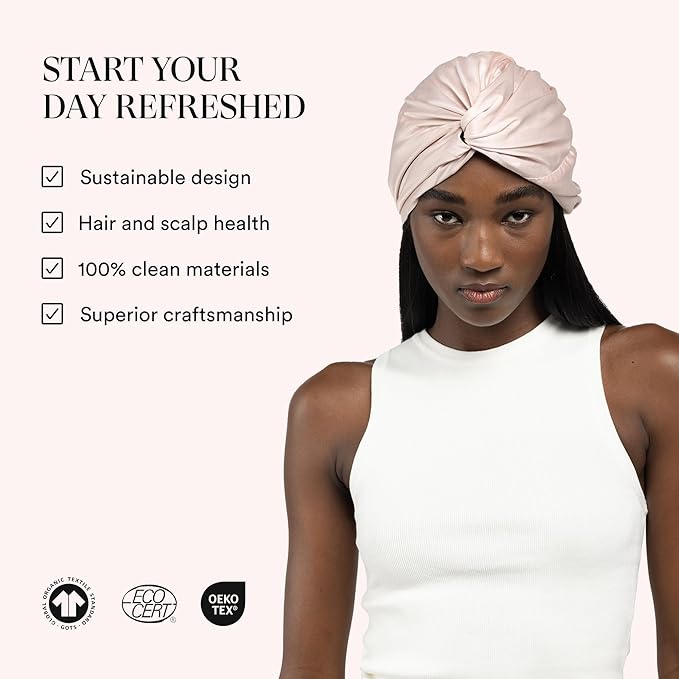 Essentials by Clementine Organic Hair Bonnet in Ballet Pink | Silver Ion Silk Lined Bamboo Sleep Cap for Frizz-Free, Curly Hair, and Scalp Health