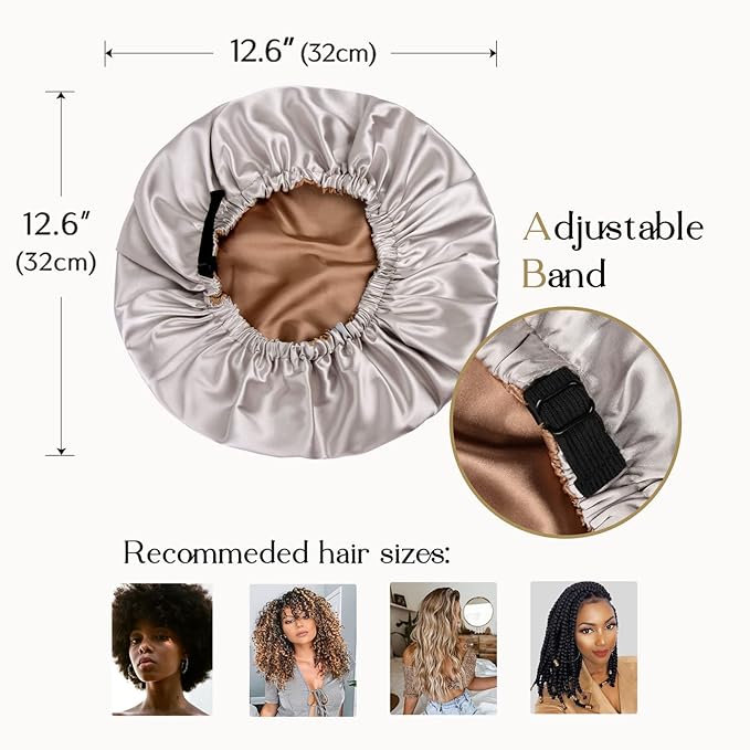 YANIBEST Adjustable Satin Bonnet Double Layer Hair Bonnet for Sleeping Bonnets for Women Hats Curly Natural Hair, Ash Grey