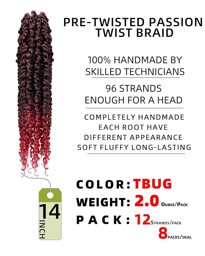 14 Inches 8 Packs Passion Twist Crochet Hair-Ombre Burgundy Pre-twisted Passion Twists,Pre-Looped Crochet Braids Made Of Bohemian Hair Synthetic Braiding Hair Extensions (14 Inch(Pack of 8), TBUG)