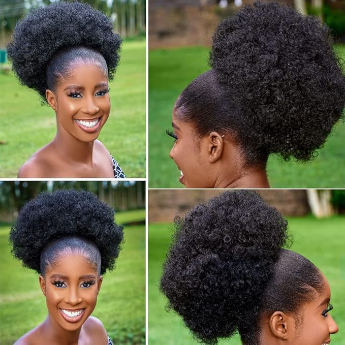 Afro Puff Drawstring Ponytail with Bangs ponytail extension for black women Short Curly Clip in Wrap Updo Hairpiece(2#) (No bangs, 2#)
