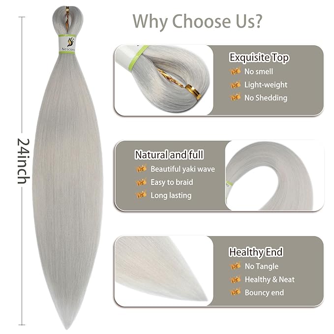 Sliver Braiding Hair Pre Stretched 24Inch 8 Packs, professional Pre Stretched Braiding Hair Extensions and rebundle braiding hair