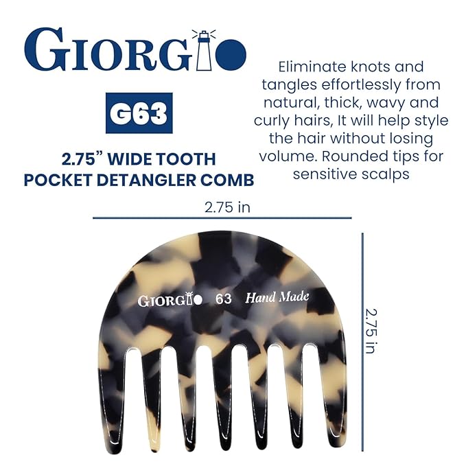 Giorgio G63 Wide Tooth Comb - Detangling, Pocket and Travel Comb for Thick Hair, Hair Detangler for Wet and Dry Everyday Care. Handmade, Saw-Cut, and Polished
