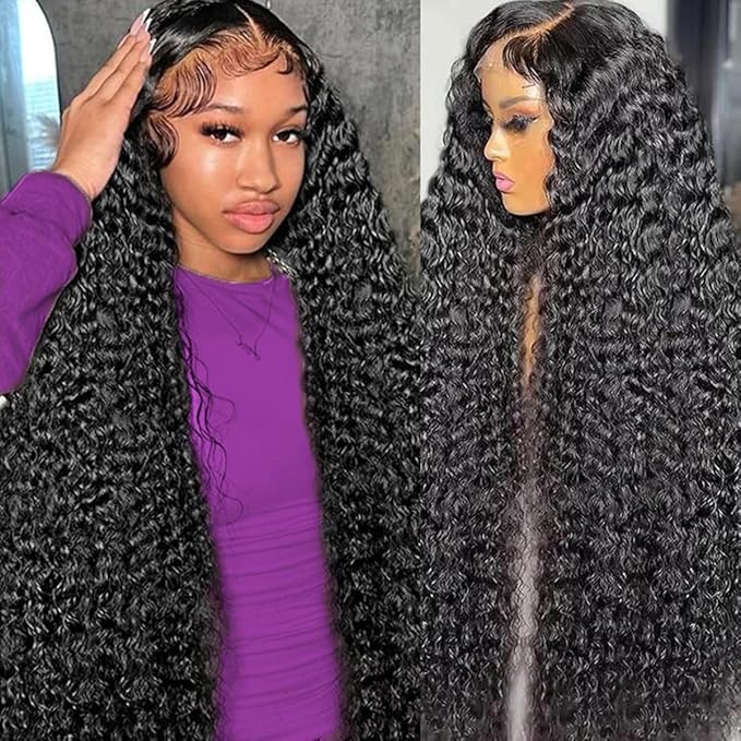 Deep Wave Lace Front Wigs Human Hair 13x6 HD Transparent 34Inch Deep Curly Lace Frontal Wigs Human Hair 210% Density Glueless Wigs Human Hair Natural Color