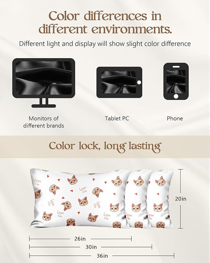 Silk Pillowcase 2 Pack - Cute Pillow Cases 20" x 26" Standard Size Set of 2 for Hair and Skin Smooth Soft Breathable with Hidden Zipper Cooling Pillow Covers for Sleeping, Love Cat