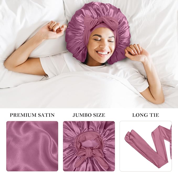 3Pcs Bonnets for Sleeping, Extra Satin Silk Bonnet for Sleeping Women with Tie Band for Curly Hair Jumbo Bonnet Braids