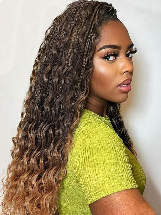 7 Packs Crochet Box Braids Curly Ends 14 Inch Goddess Box Braids Crochet Hair 3X Bohemian Hippie Crochet Braids for Woman Braiding Hair Extensions, 1B/30